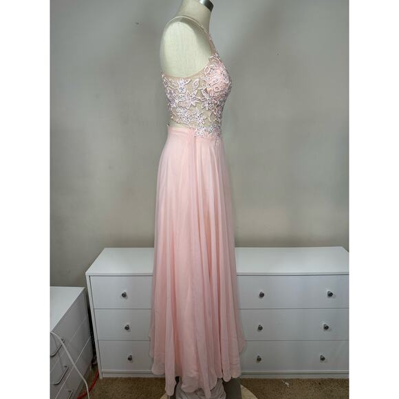 Dancing Queen 2369 Embroidered Sheer Halter Chiffon Dress - Size S Preowned - Picture 2 of 6